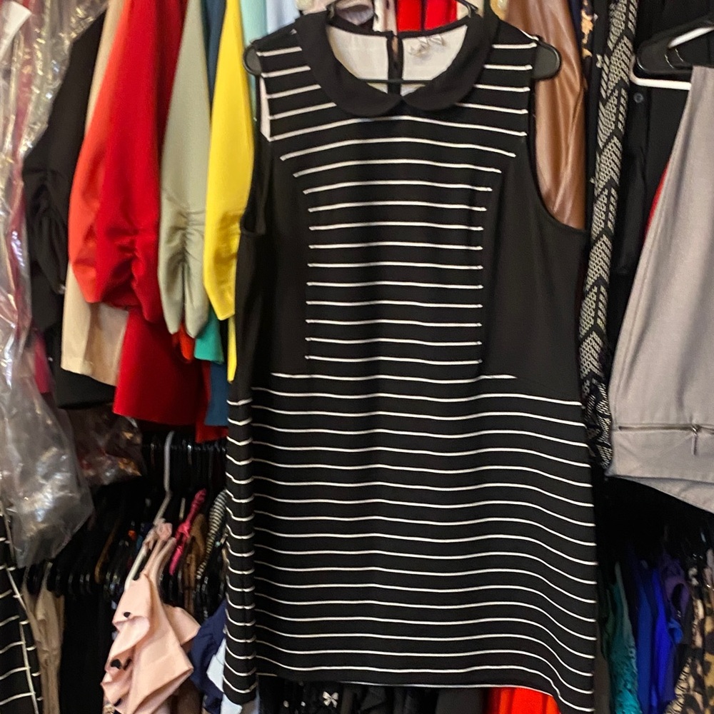 Elle Black and White Striped Sleeveless Dress